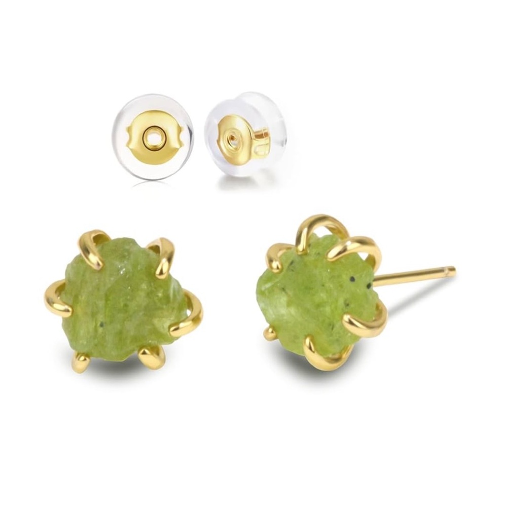 Natural Peridot Raw Gemstone Handmade Prong Setting Stud Earrings in Gold